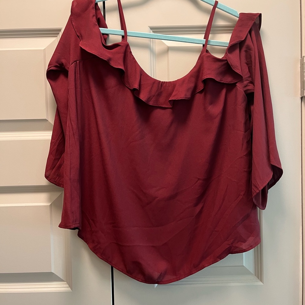 Women's Burgundy Ruffle Top - Picture 6 of 6